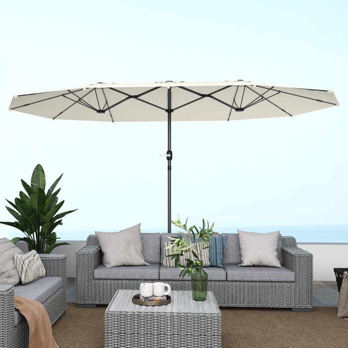 Outsunny Double Parasol 436 x 260 см, Сталева парасолька із захистом від ультрафіолету з ручною рукояткою, Овальна балконна парасолька Пляжна парасолька Вітрозахисна стабільна ринкова парасолька Колінчастий парасольку для пляжного балконного саду, бежева