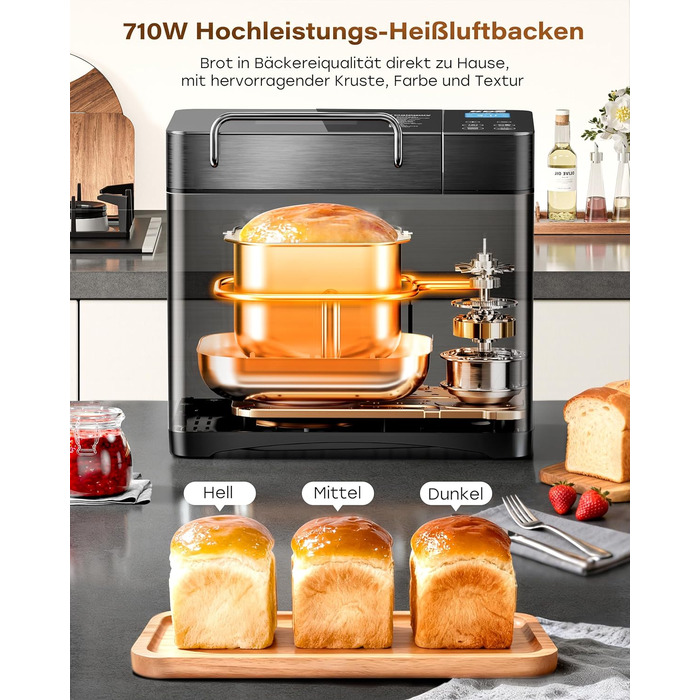Преміум хлібопекарка Konvektions-Brotbackautomat 710W з керамічною формою, 17 функцій, диспенсер для горіхів, сталь, чорна