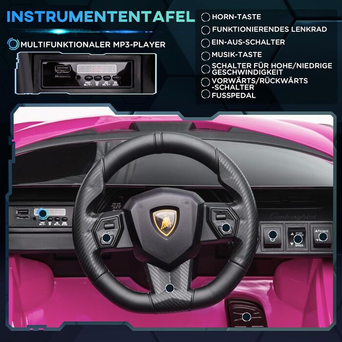 Дитячий електромобіль Lamborghini SIAN 12V з пультом, музикою, світлом, металевий, рожевий, для дітей 37-60 місяців, 108x62x40 см