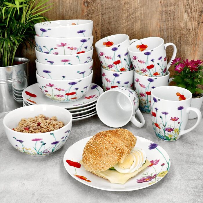 Набір посуду MamboCat Marie 18 предметів для сніданку (6 персон) | Фарфор з квітковим декором | 6 тарілок, 6 кавових чашок 320мл, 6 глибоких тарілок 400мл