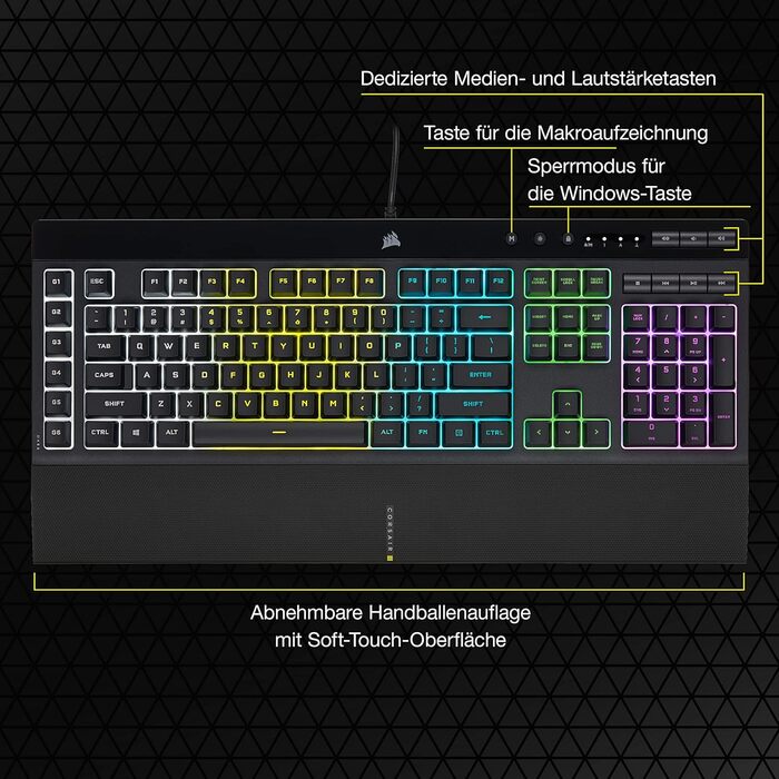 Клавіатура Corsair K55 RGB PRO, провідна, мембранна, QWERTZ DE, чорна, IP42, 6 макро-клавіші, сумісна з iCUE, для PC, Mac, Xbox
