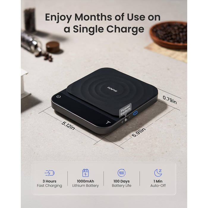 Електрична вага для кави RENPHO з таймером, перезаряджувана, точність 0,1г/3кг, автоматичний таймер, портативна вага для приготування кави Pour-Over та Filter, чорний, 192*167 мм