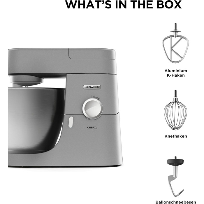 Кухонний комбайн Kenwood Chef XL KVL4100S з великою чашею 6.7 л з нержавіючої сталі, 1200 Вт, набір для випічки, срібний