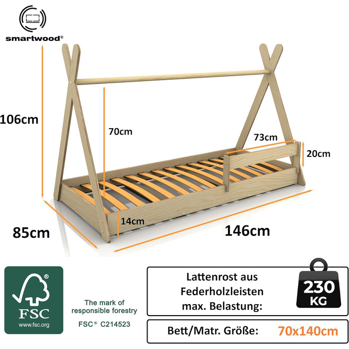 Дерев'яне ліжко-дитяча кімната Smartwood Hausbett: Монтессорі Тіпі з сосни з сертифікатом FSC, захист від падіння та ламелі до 230 кг, для хлопчиків та дівчаток, проста збірка (70x140, білий)