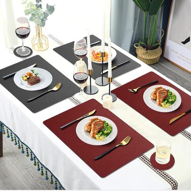 Набори підставки під тарілки, 6 шт, ефект шкіри, миючі, 43x30 см (червоний/сірий)