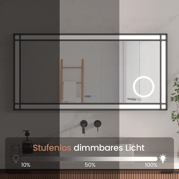 Дзеркало для ванної кімнати AQUABATOS LED з підсвічуванням 50x70 см, імітація вікна, сенсорне регулювання, протитуманне покриття, чорний алюмінієвий каркас, індустріальний стиль, холодний білий світлодіодний дзеркало