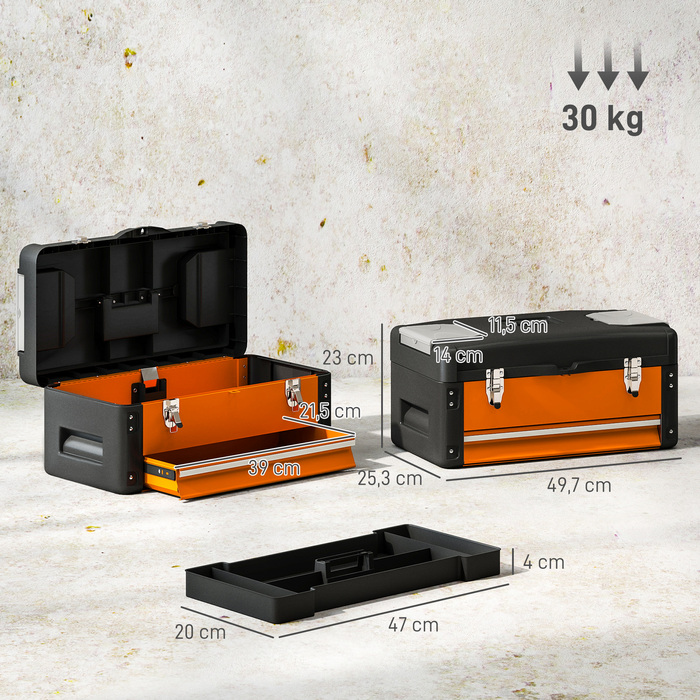 Набір інструментів порожній, 49,7 x 25,3 x 23 см. Ящик для інструментів з висувною шухлядою, міні-бокс зі сталі, помаранчевий.