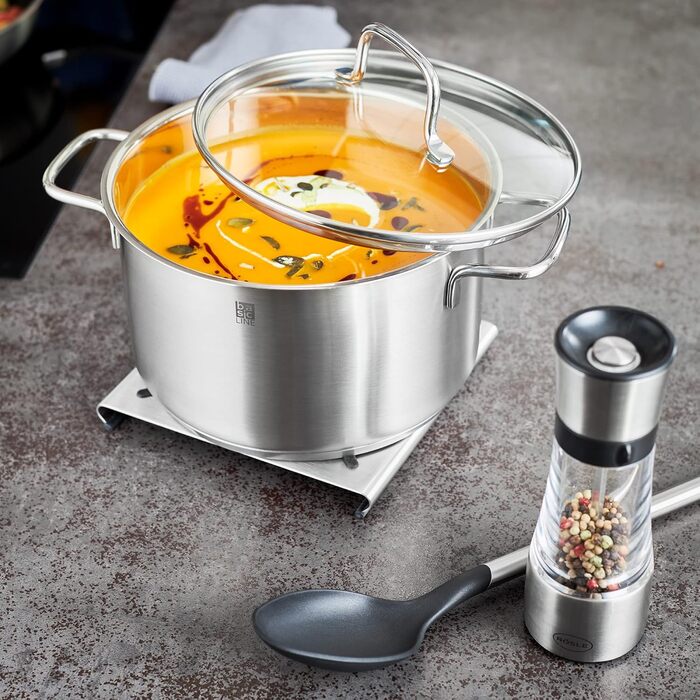 Набір каструль RÖSLE Basic Line 4 шт. з нержавіючої сталі 18/10, склокришки та зручним краєм, індукційне дно, придатний для миття в посудомийній машині, сріблястий/чорний