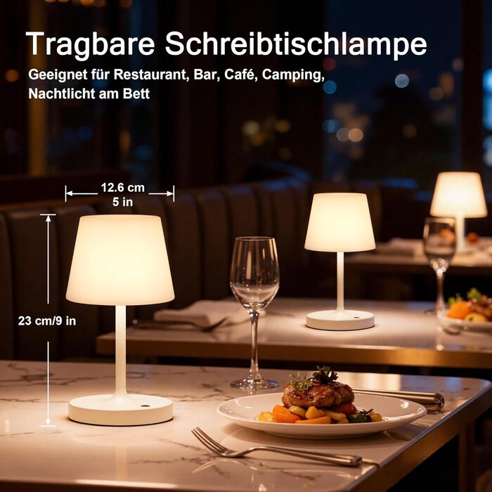 LED настільна лампа бездротова, торшер з торканням, лампа на акумуляторі з регулюванням яскравості та функцією пам'яті, торшер для спальні, кав'ярні, на вулицю (білий)