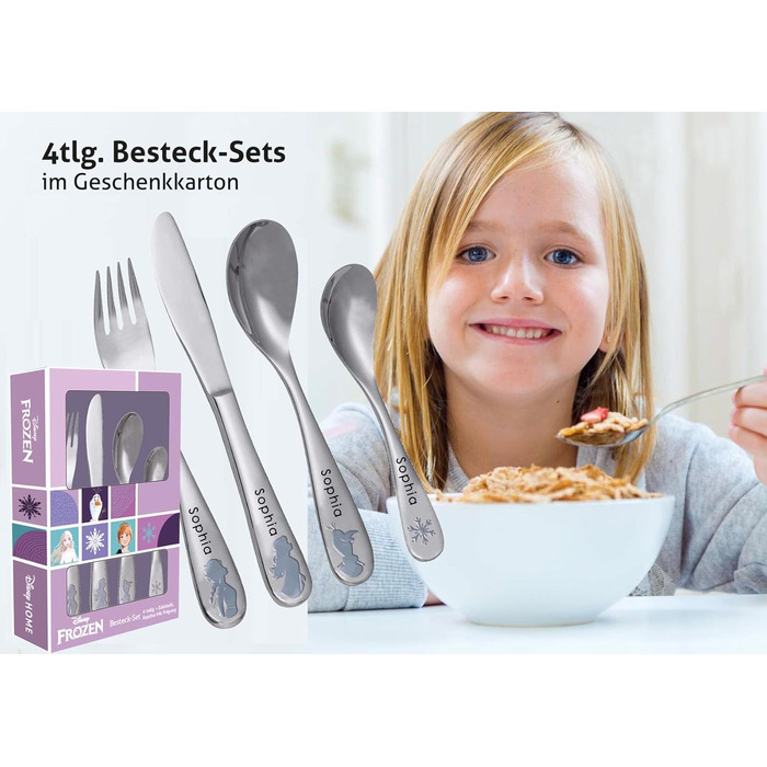 Дитячий столовий набір 'Frozen' з гравіюванням імені | 4 шт. | Нержавіюча сталь | Безпечний та міцний | Можна мити в посудомийній машині