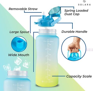 Пляшка для пиття SOLARA з соломкою / пляшка для пиття об'ємом 1 л з позначкою часу / пляшка для води Трітан об'ємом 1 л з позначкою часу герметична пляшка для води об'ємом 1000 мл з соломинкою, що не містить бісфенолу А (жовтий / синій, 2 літри)