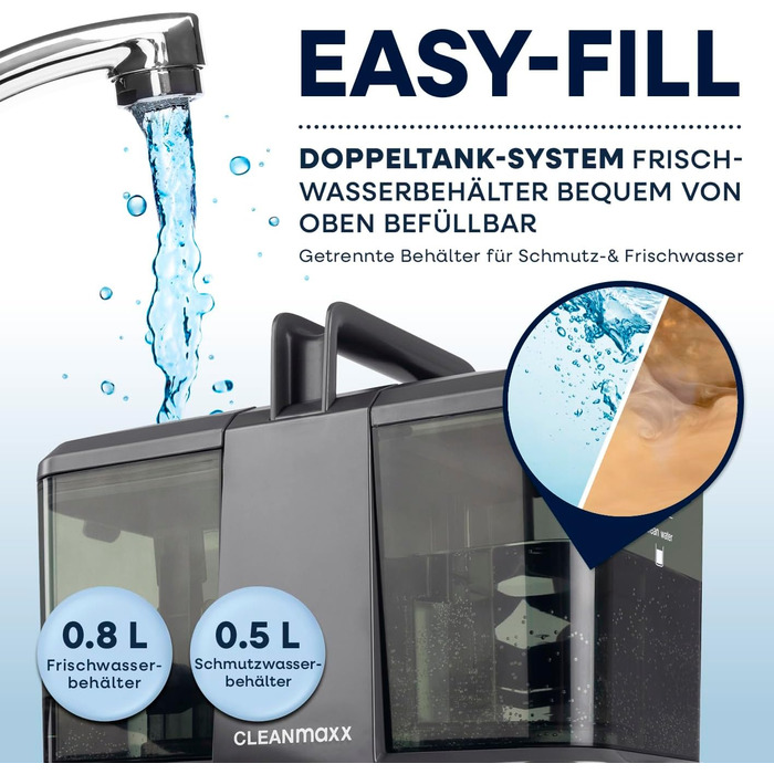 CLEANmaxx Професійний пароочисник та чистий для м'яких меблів Pro Steam | Плямистий очищувач & EASYmaxx Очисник килимів | Миючий пилосос та очищувач для диванів, авто, килимів, м'яких меблів тощо | Очищувач плям (Чорний з шампунем, Компакт 330W)