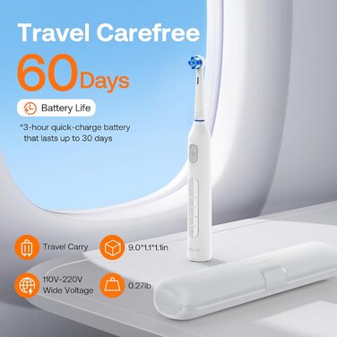 Електрична зубна щітка Bitvae з 8 насадок для дорослих та дітей, кейс, 5 режимів, таймер 2 хв, 60 днів роботи, (R1H3, Біла)