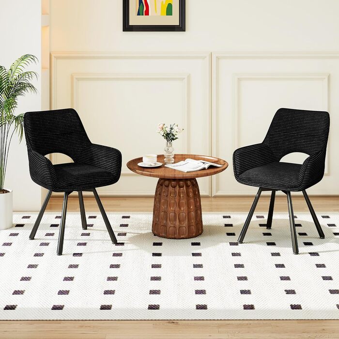 Ессі стільці 4 шт. поворотні 360°, з підлокітниками, металеві ніжки, для їдальні, вітальні, кухні, м'які, оксамитові, бежеві (1 поворотний, чорний)