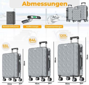 Набір валіз KESSER® 3 шт. | Валізи з ABS, з кодовим замком, ваговою шалькою та органайзером для документів | 360° колеса | Ручна поклажа та великі валізи для подорожей та бізнесу | Сірий колір