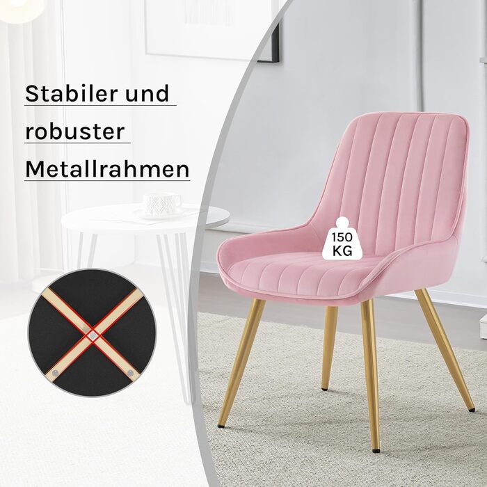 Набір з 2 стільців Lestarain для їдальні, вітальні, кухні, ретро стиль, м'яке сидіння з велюру, металеві ніжки, до 150 кг, рожевий велюр