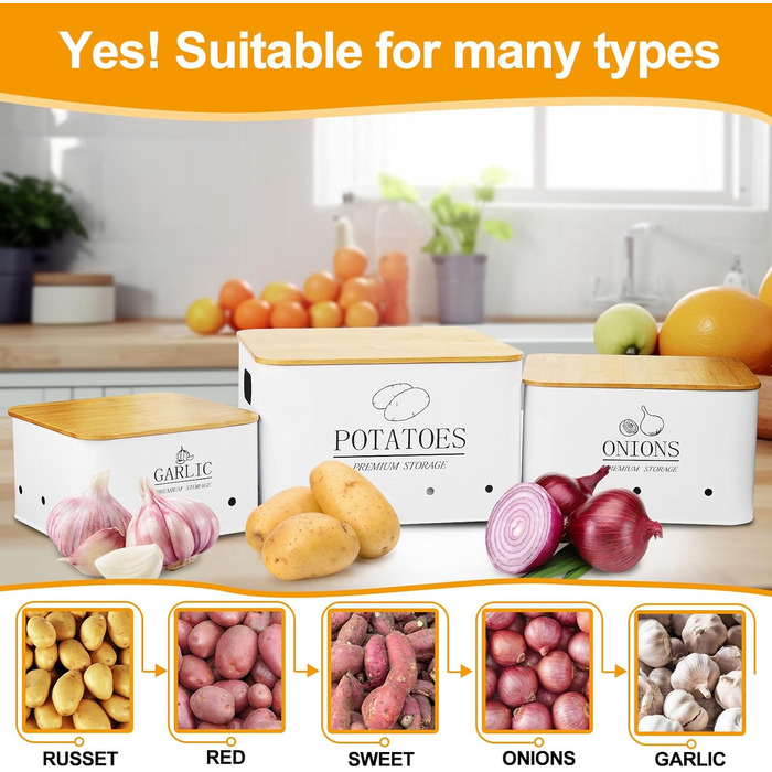 Набір контейнерів для зберігання картоплі, цибулі та часнику (3 шт.) з бамбуковим кришками - зберігає овочі свіжими довше. Чорний (Blanc)