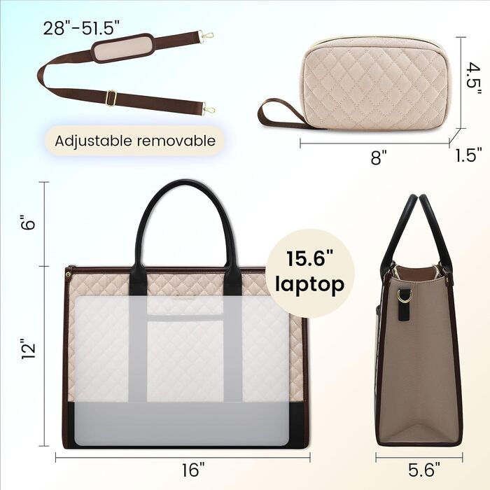 Сумка для ноутбука LOVEVOOK для жінок, водонепроникна, велика, шкіряна, для роботи, навчання, офісу, університету (15,6 дюймів, хакі+чорний)