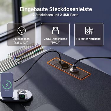 Комп'ютерний стіл Claiks з 3 шухлядами, 100x60 см, з розетками та USB, для дому та офісу, чорний