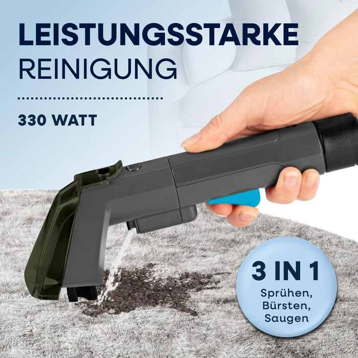 CLEANmaxx Професійний пароочисник та чистий для м'яких меблів Pro Steam | Плямистий очищувач & EASYmaxx Очисник килимів | Миючий пилосос та очищувач для диванів, авто, килимів, м'яких меблів тощо | Очищувач плям (Чорний з шампунем, Компакт 330W)