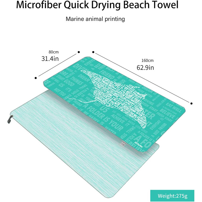 Швидкий сухий пляжний рушник з мікрофібри Hiturbo з футляром для перенесення, рушником під тиском, рушником без піску, суперпоглинаючим рушником (зелений / манта)