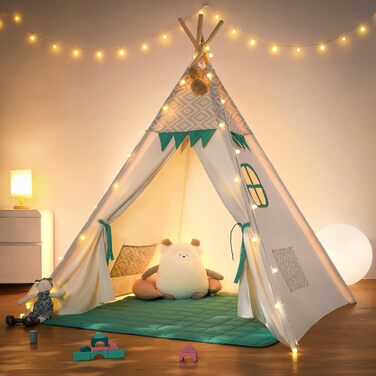 Намет Besrey Teepee для дітей, бавовняний ігровий намет для внутрішнього / зовнішнього використання з підсвічуванням і килимком (зелений)