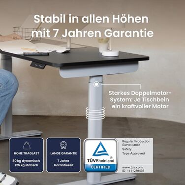 Ergotopia Desktopia One – Регульований стіл, електричний, з подвійним мотором, TÜV-сертифікований, 7 років гарантії (платиновий сірий)
