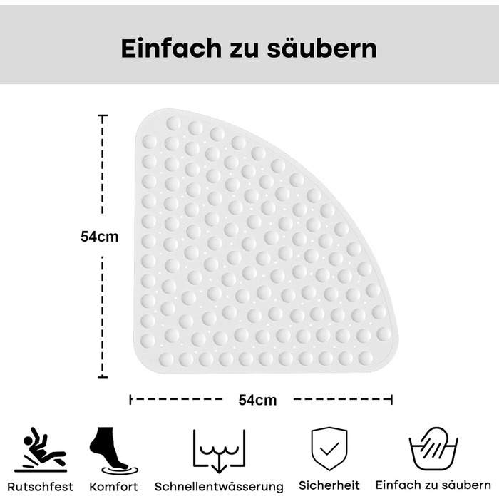 Нековзний килимок для душу на чверть кола з присосками, 54x54см, можна прати в пральній машині, білий