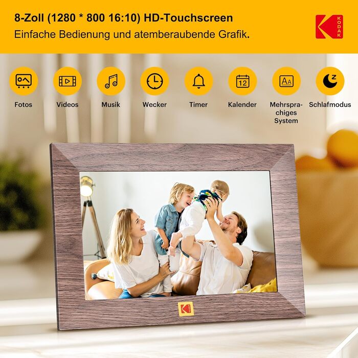 Цифровий фоторамка Kodak WiFi, 8 дюймів, IPS сенсорний екран, 32GB, автоматичне обертання, коричневе дерево