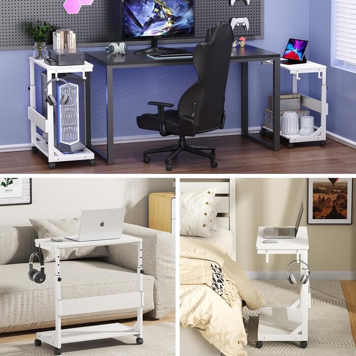 Регульована підставка для комп'ютерного блоку з 2 полицями та місцем для зберігання - для корпусів ATX, принтерів, з фіксуючими колесами (білий, 64 x 64 x 59-84,5 см)