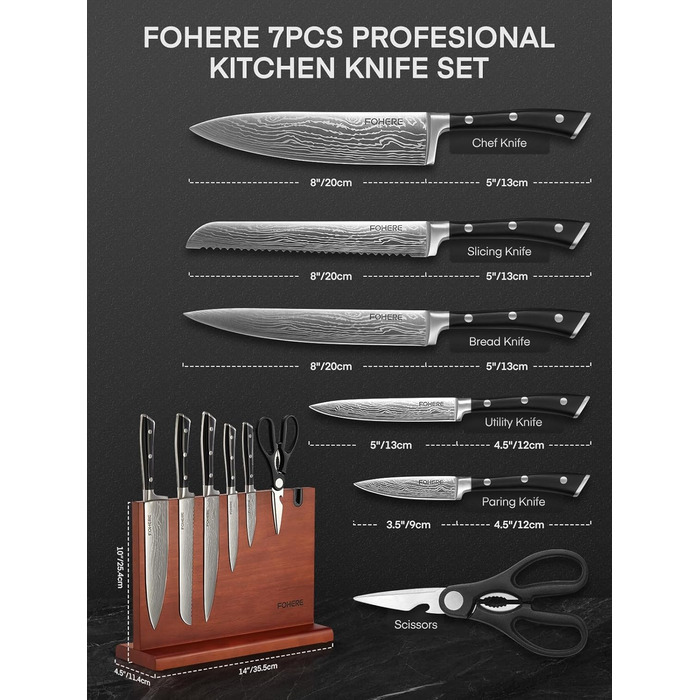 Набір ножів FOHERE 7 предметів: кухонний, для хліба, овочевий, з точилкою та магнітним блоком з нержавіючої сталі та дерева