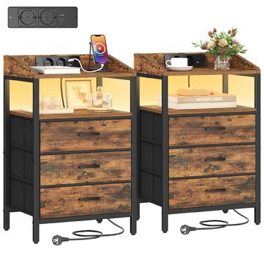 Приліжкові тумбочки Hzuaneri з LED-підсвічуванням та функцією зарядки, 2 шт. (Вінтаж коричнево-чорний), 3 висувні ящики з тканини, USB-порти та розетки для спальні/вітальні