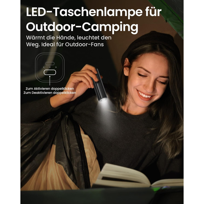 Електричний грівець для рук Gaiatop 8000mAh з LED-ліхтариком (2 шт.), магнітний, 3 швидкості нагріву, для жінок, сім'ї, активного відпочинку, чорний