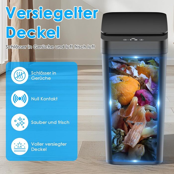 Набір сміттєвих відер Dreamhigh 2 шт. з сенсором, 15L та 12L, електричні, з автоматичним відкриванням кришки, смарт-відра з 3 режимами відкривання, тихі та водонепроникні для кухні, ванної, офісу, вітальні, чорного кольору