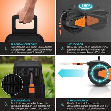 KESSER® Автоматична карусель для шланга 15 м + 2 м, настінна коробка для шланга з автозмотуванням, роликовий механізм для садового шланга, поворотна на 180°, набір з багатофункціональною лійкою з 9 режимами, 2 насадки, помаранчевий