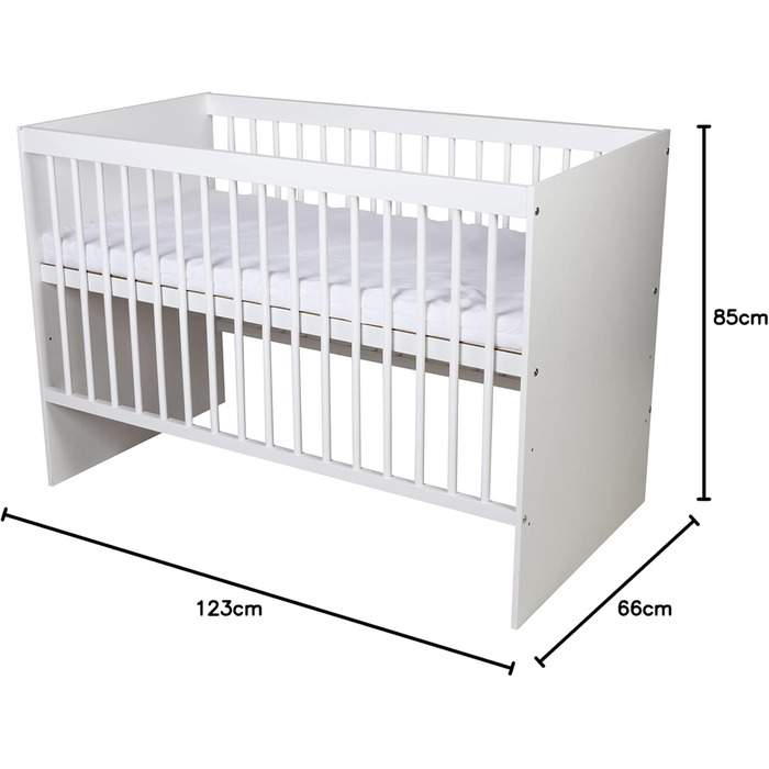 Дитяче ліжко KMbaby TANY White 120x60 см з матрацом - регульоване по висоті ліжечко з соснової деревини