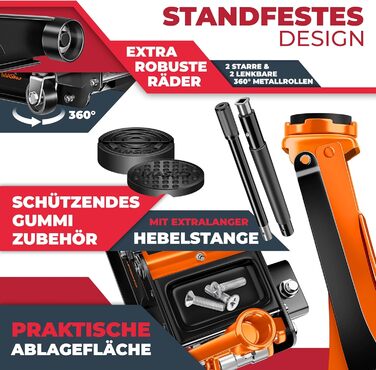 Гідравлічний домкрат MASKO 3T з низьким профілем (85-460 мм), 3 гумові накладки, для автомобілів SUV, 360° колеса, рукавички в комплекті. Підйомник-опора до 3 тонн (Помаранчевий)