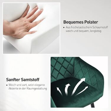 Крісла для їдальні CLIPOP, комплект 4 шт., обтягнуті оксамитом, з металевими ніжками, для вітальні, кухні, їдальні (4 шт., оксамит, зелений)