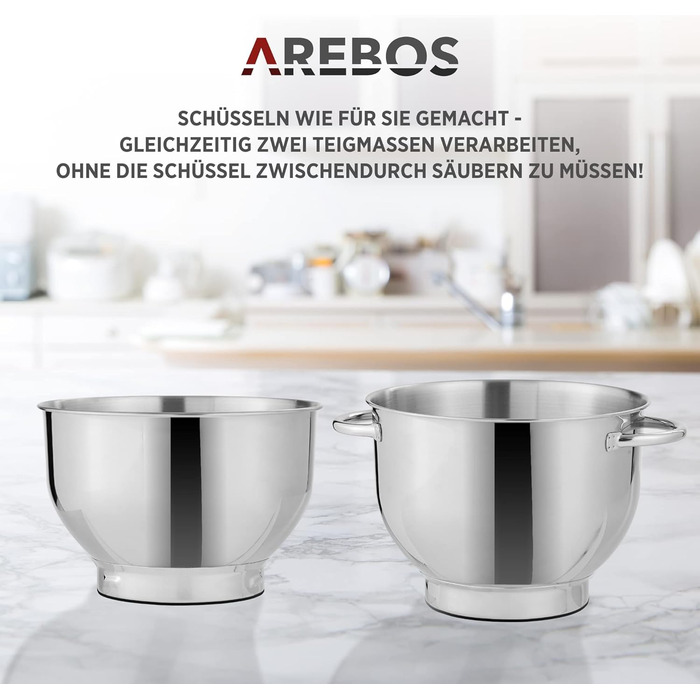 Кухонна машина Arebos 1500W чорного кольору | Міксер з 2 чашами з нержавіючої сталі 4.5 та 5.5L | Тиха робота | 6 швидкостей, набір насадок (крюк для тіста, вінчик, гак для збивання)