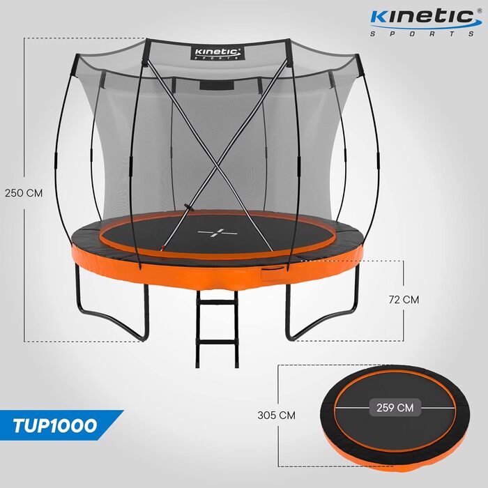 Батут KINETIC SPORTS Ultimate Pro Ø 305 см для дітей з драбиною та захисною сіткою, чорний (Sunset Orange), до 160 кг