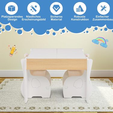 Дерев'яний дитячий стіл з 2 стільцями DREAMADE, 3 шт. Дитяча меблева група з двостороннім столом та місцем для зберігання, набір меблів для дітей, для хлопчиків та дівчаток (білий)