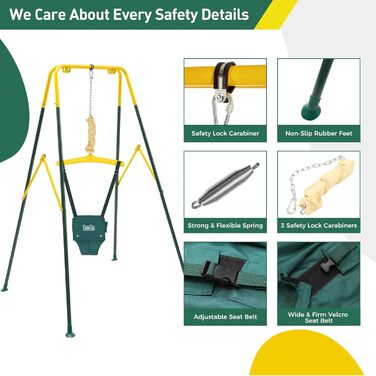 FUNLIO Набір 2-в-1: гойдалка та дверний батут для малюків. Гойдалка для дітей з 4 мішками з піском, складаний металевий стійка для використання в приміщенні та на вулиці, легко збирається та зберігається. (Зелений)