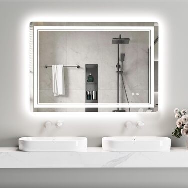 Дзеркало для ванної кімнати зі світлодіодним підсвічуванням 70x50 см, LED Smart дзеркало, антизапар, 3 кольори, регулювання яскравості, горизонтальне/вертикальне кріплення