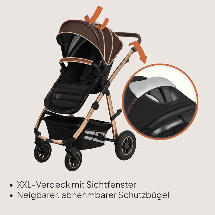 Комплексна коляска Lionelo Amber 3-в-1: люлька, автокрісло i-Size, прогулянкове сидіння, повітряні колеса, XXL капюшон UPF 50+, чорний онікс