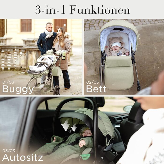 Дитяча коляска 3 в 1 з автокріслом та люлькою | Коляска для новонароджених з 5-точковим ременем безпеки | Кольори: світло-оливковий
