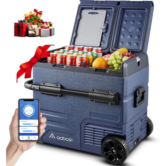 Автомобільний компресорний холодильник AAOBOSI 45L з Wi-Fi, USB-зарядкою, LED-підсвіткою, 12/24V/220V. Для авто, кемпінгу, подорожей (синій)