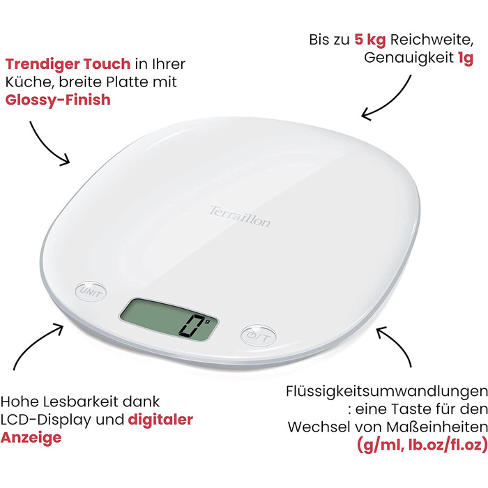 Електронні кухонні ваги TERRAILLON тара, перетворення рідини, вбудована ручка, діапазон зважування 5 кг, точність 1 г модель Macaron Inox слива (без піддону для зважування, біла)