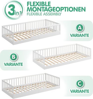 Ліжко дитяче CADANI Timi 2в1 Montessori 120x200 см з бортиками та ламелями, масив сосни, біле - 3 варіанти збірки, до 200 кг