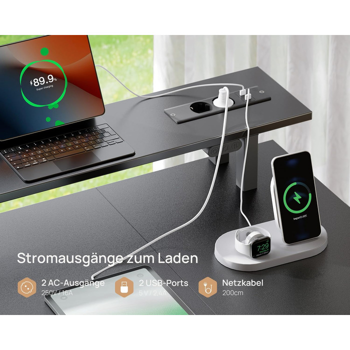 Комп'ютерний стіл Rolanstar з ящиками, 120x47 см, ігровий стіл з розеткою, LED-підсвітка та підставка для монітора, стіл для дому, офісу, вітальні, білий (чорний)