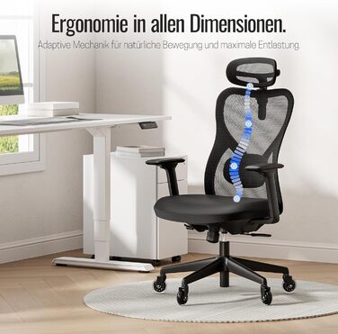 Яаса Крісло Plus: Ергономічне офісне крісло з підголівником, 2D-підтримкою попереку та 4D-підлокітниками. Тест-переможець 2026. Для дому та офісу, універсальні колеса (до 150 кг), чорний колір
